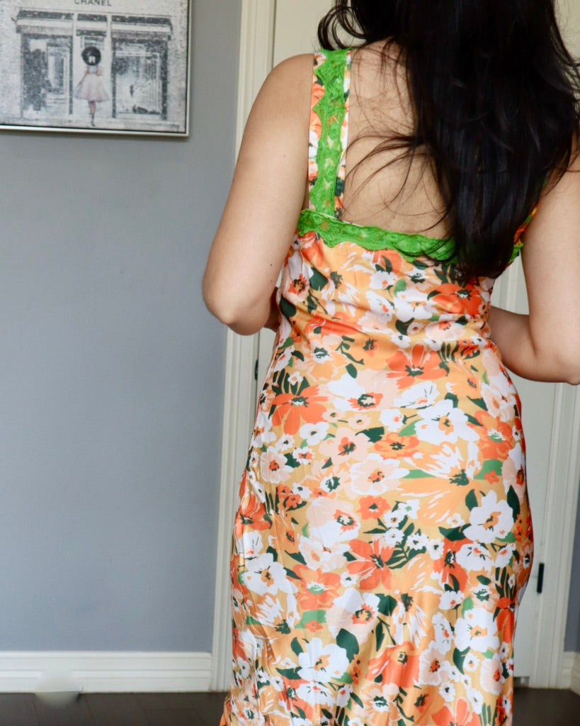Floral Tangerine Lace Trim Dress