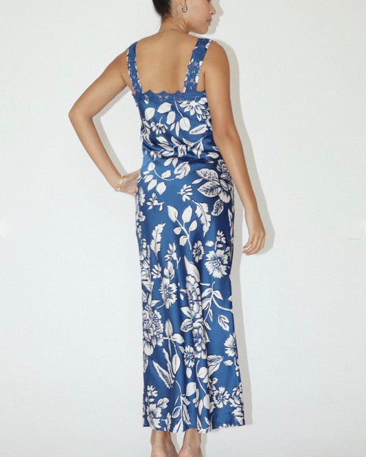 Navy Lace Trim Print Dress