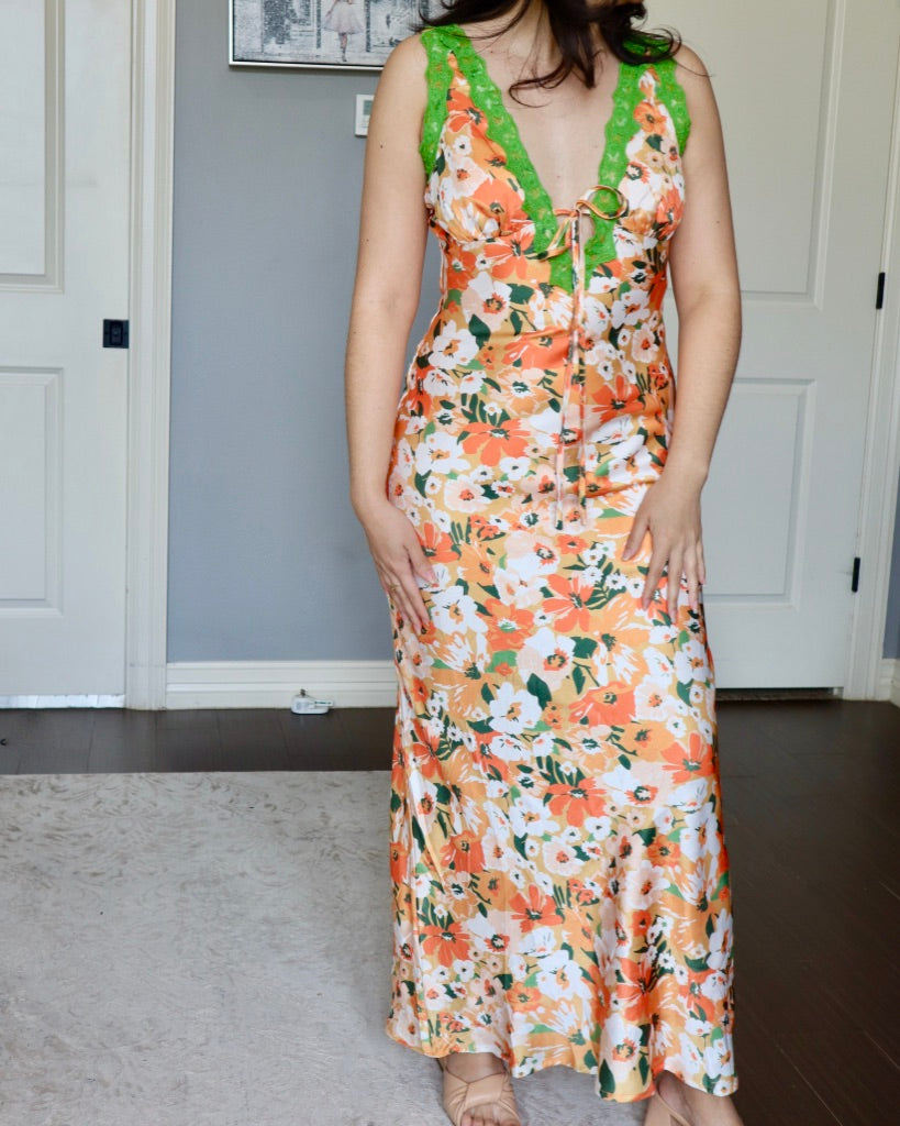 Floral Tangerine Lace Trim Dress