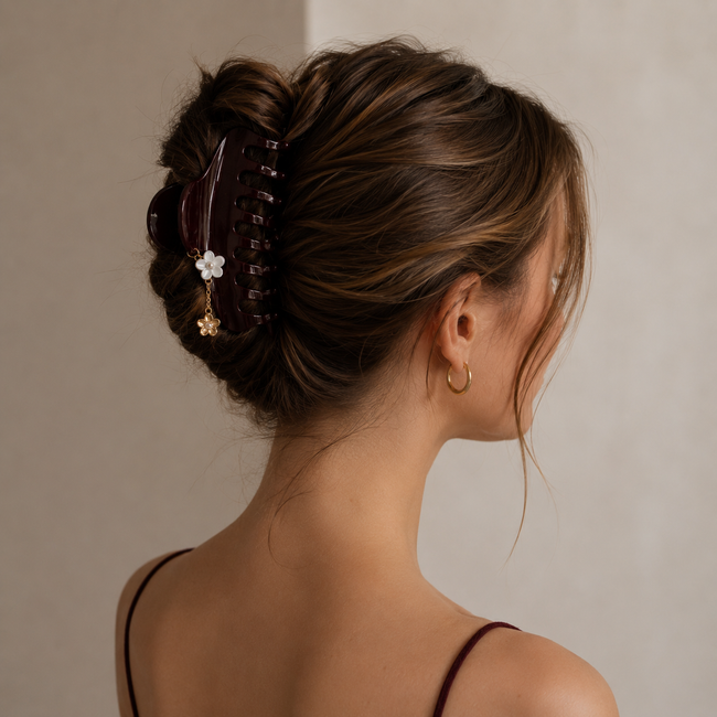Burgundy Flower Charm Hair Claw Clip
