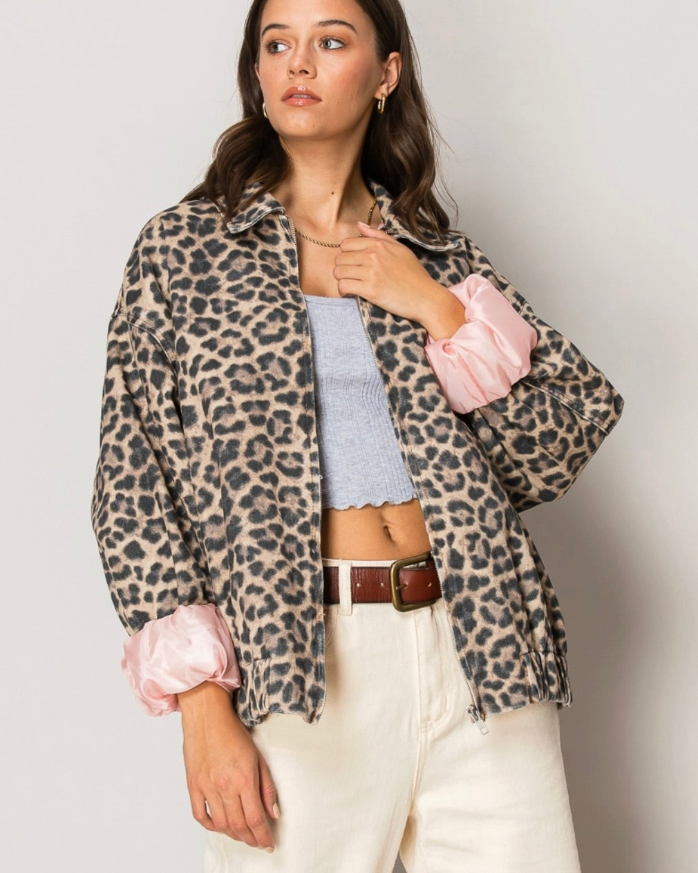 Leopard Bomber Zip Jacket
