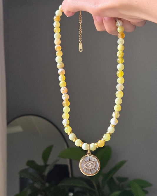 Evil Eye Yellow Beaded Necklace