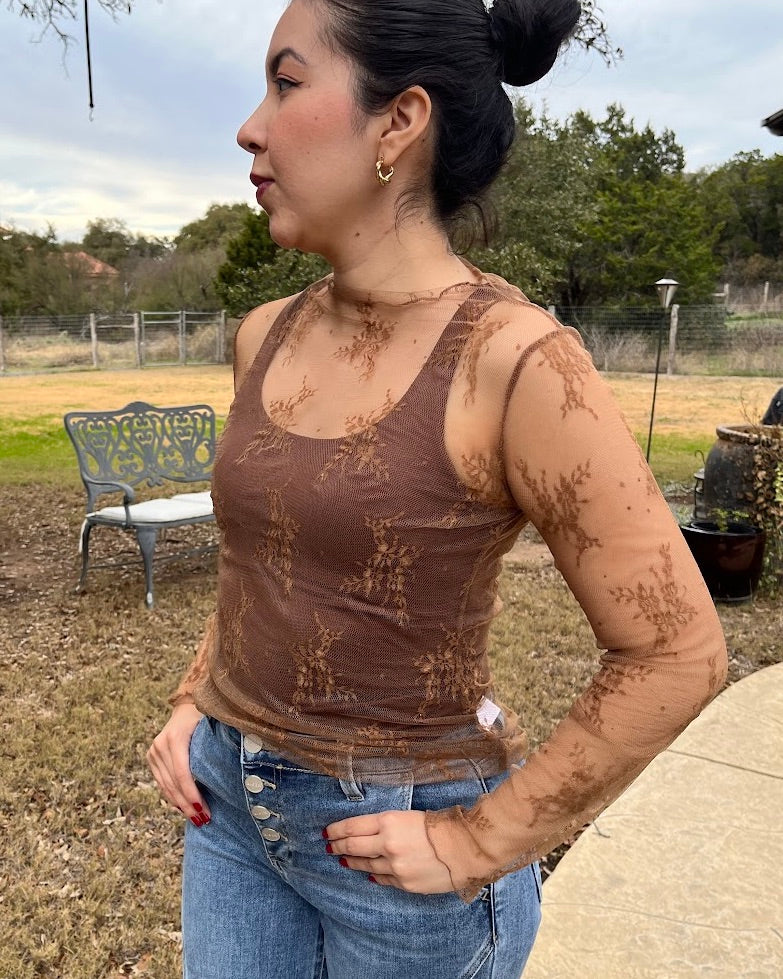 Brown Sheer Lace Top