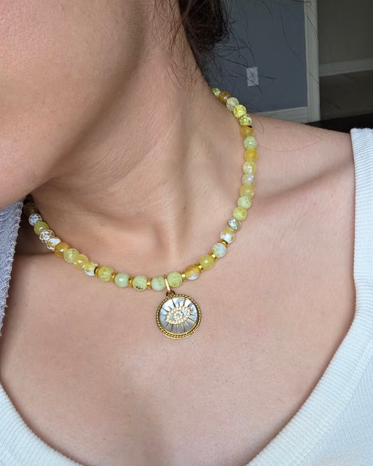 Evil Eye Yellow Beaded Necklace