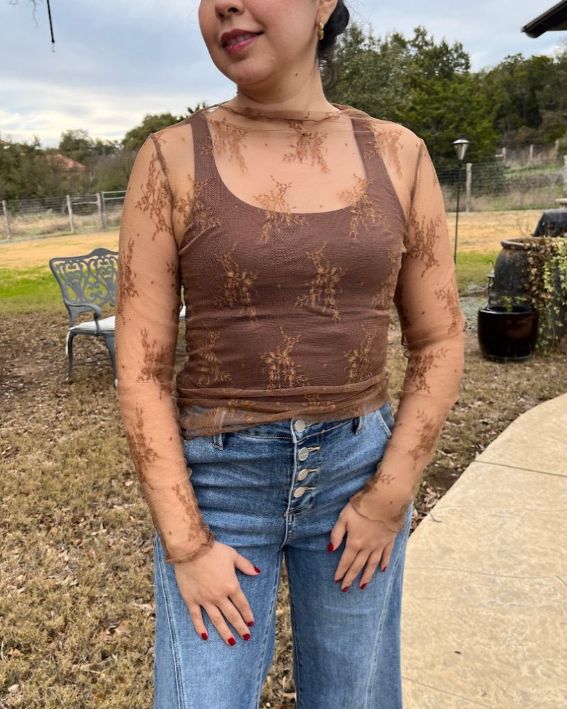 Brown Sheer Lace Top