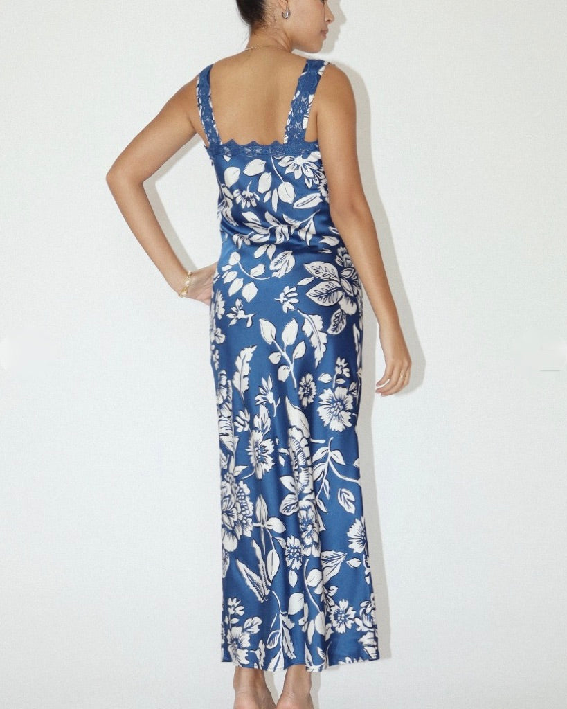 Navy Lace Trim Print Dress