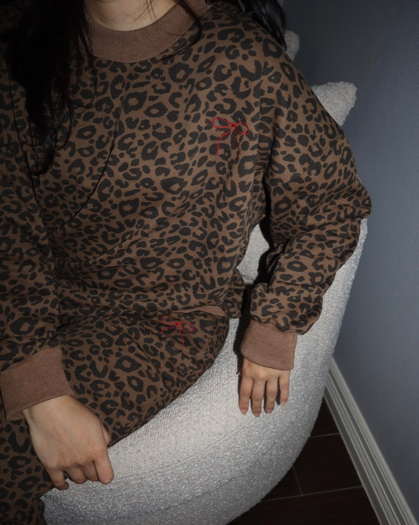 Leopard Bow Sweatshirt Set