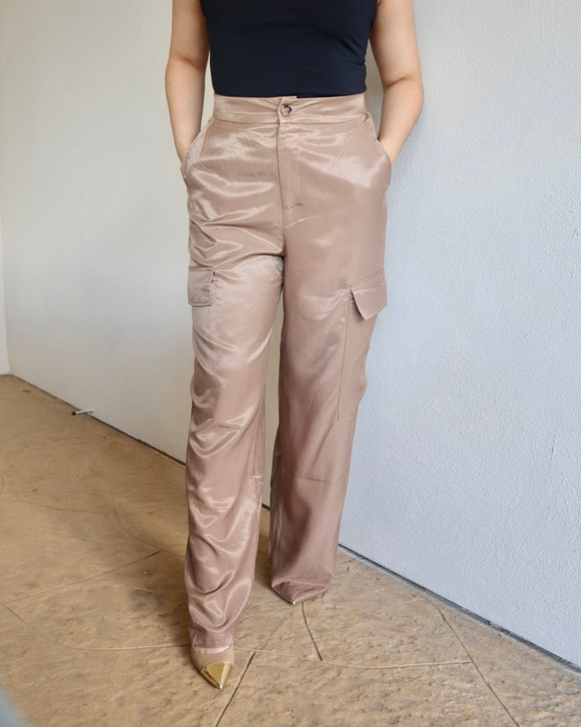 Kristi Satin Cargo Pants-Taupe