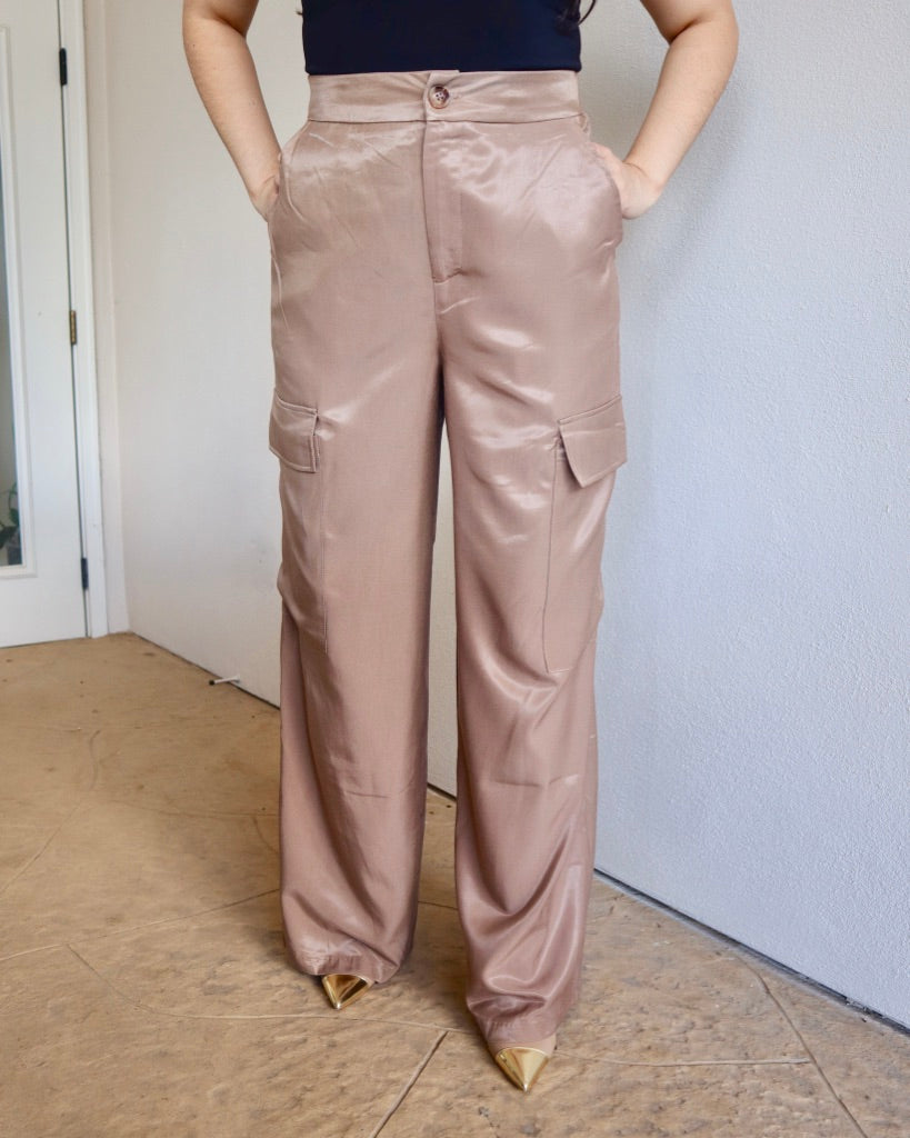 Kristi Satin Cargo Pants-Taupe