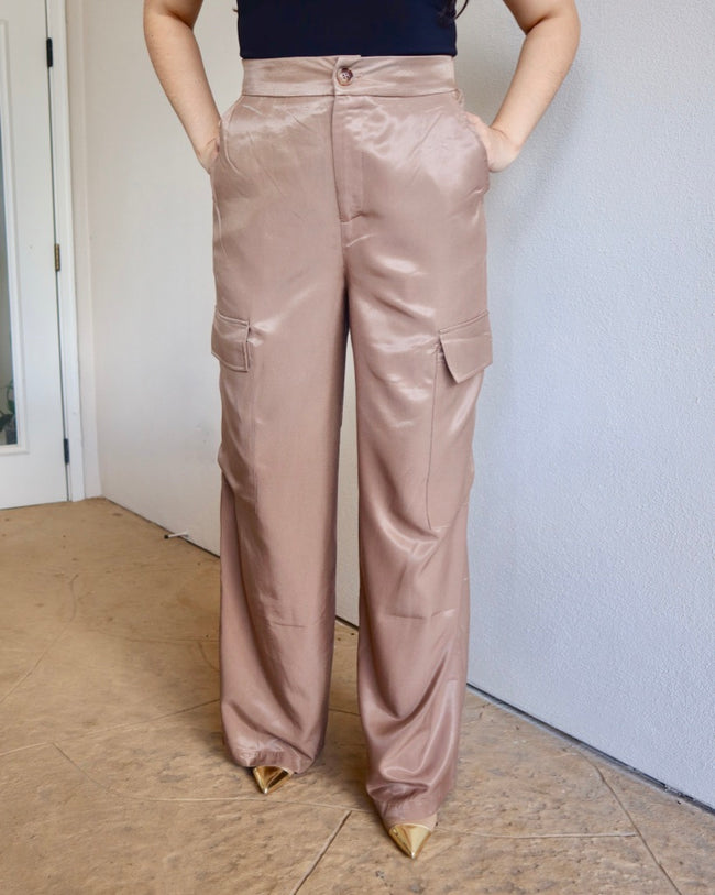 Kristi Satin Cargo Pants-Taupe